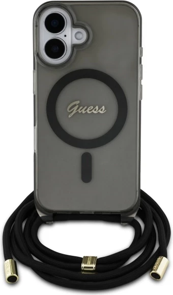 Mbështjellës Guess Crossbody Cord Script MagSafe për iPhone 16, i zi