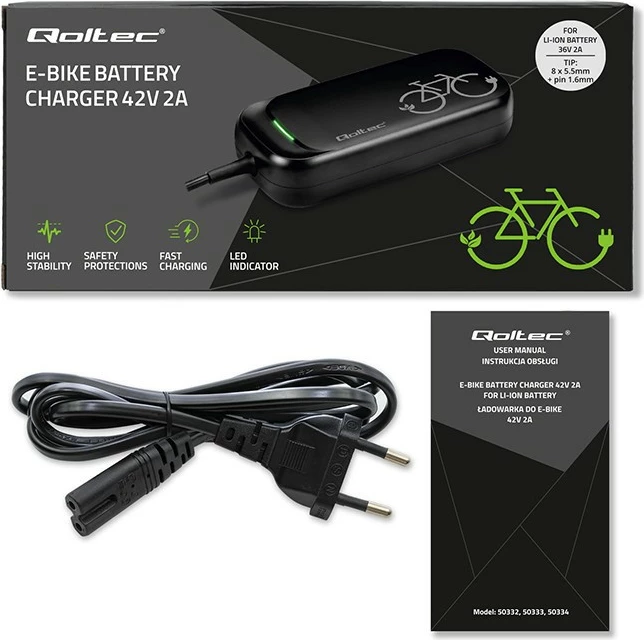 Karikues biçiklete elektrike Qoltec 50334, 42V 2A, për bateri 36V, i zi