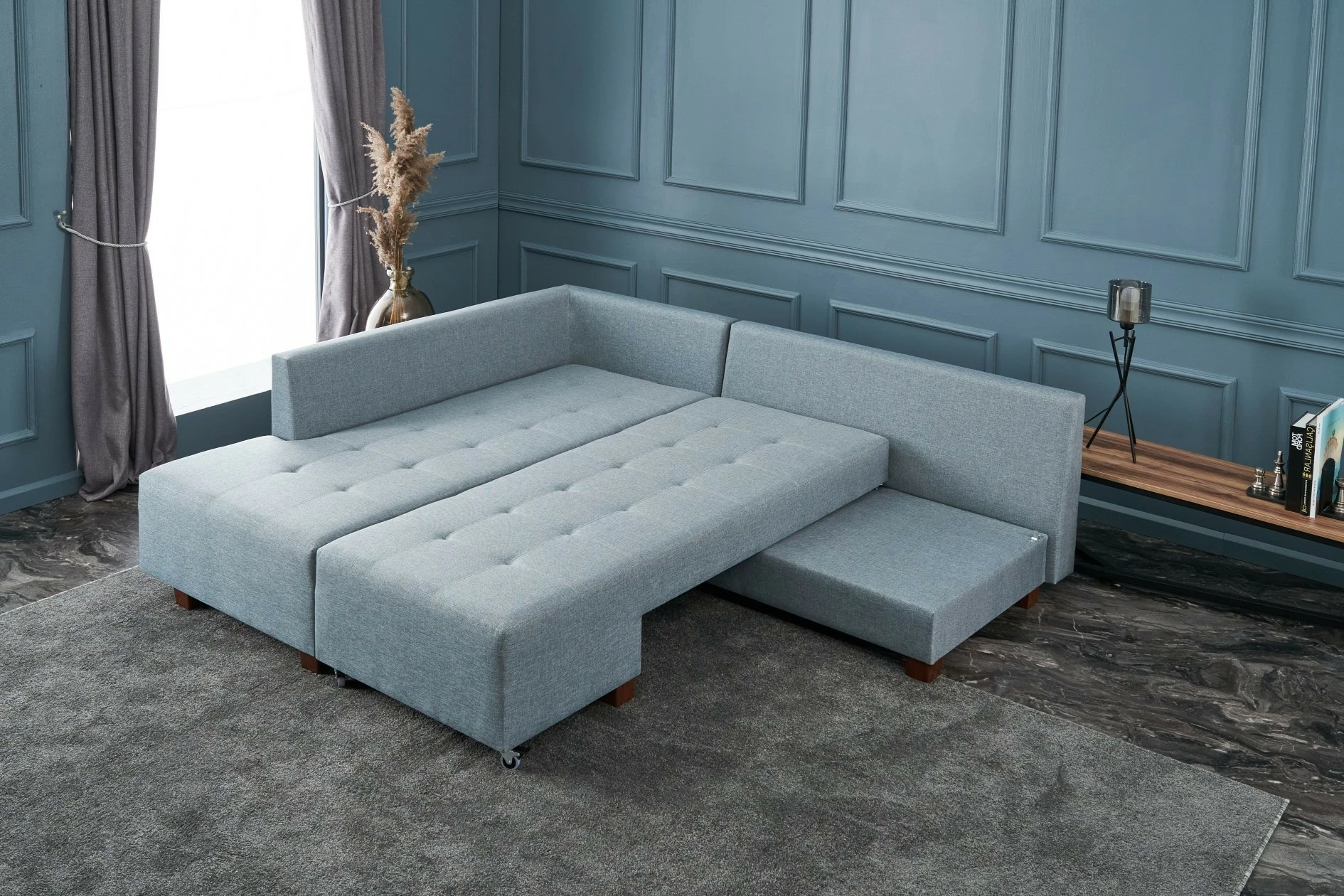 Kënd divan-krevat Atelier del Sofa, kënd Manama majtas, ngjyrë kaltër e çelët
