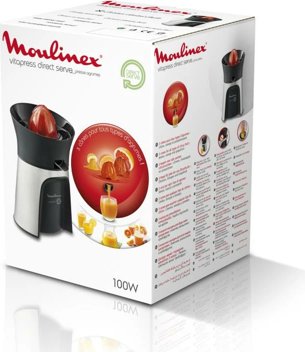 Shtrydhëse agrumesh, Moulinex, Vitapress PC603D10, Direct Serve me gryke, 3 kone shtypëse, auto on/off, e zezë/argjend