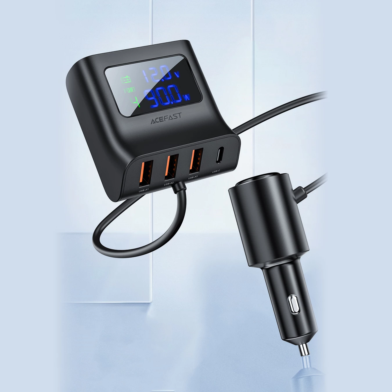 Karikues veture Acefast B8, 90W, 3x USB, 1x USB Type-C, me ekran, i zi