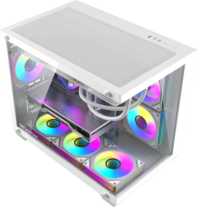 Kasë DarkFlash B275 PRO Mini Tower, M-ATX/ITX, xham i temperuar 270°, me 6 ventilatorë 120 mm, e bardhë