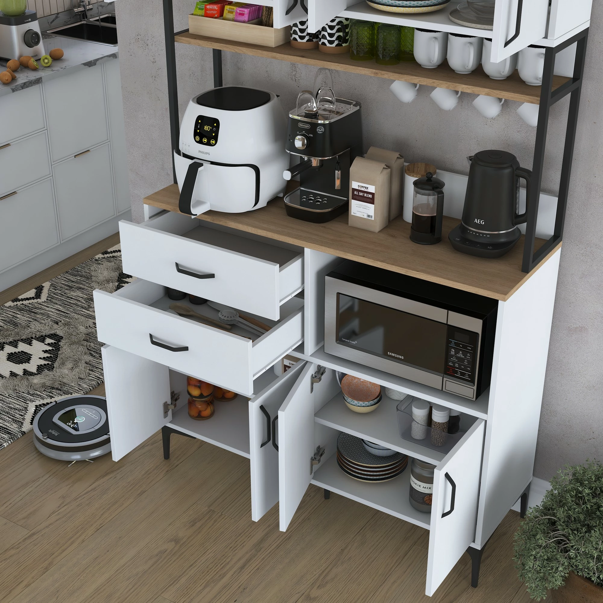 Dollap shumëfunksional, ngjyrë arre dhe e bardhë, Skye Decor, JE180 - 3403