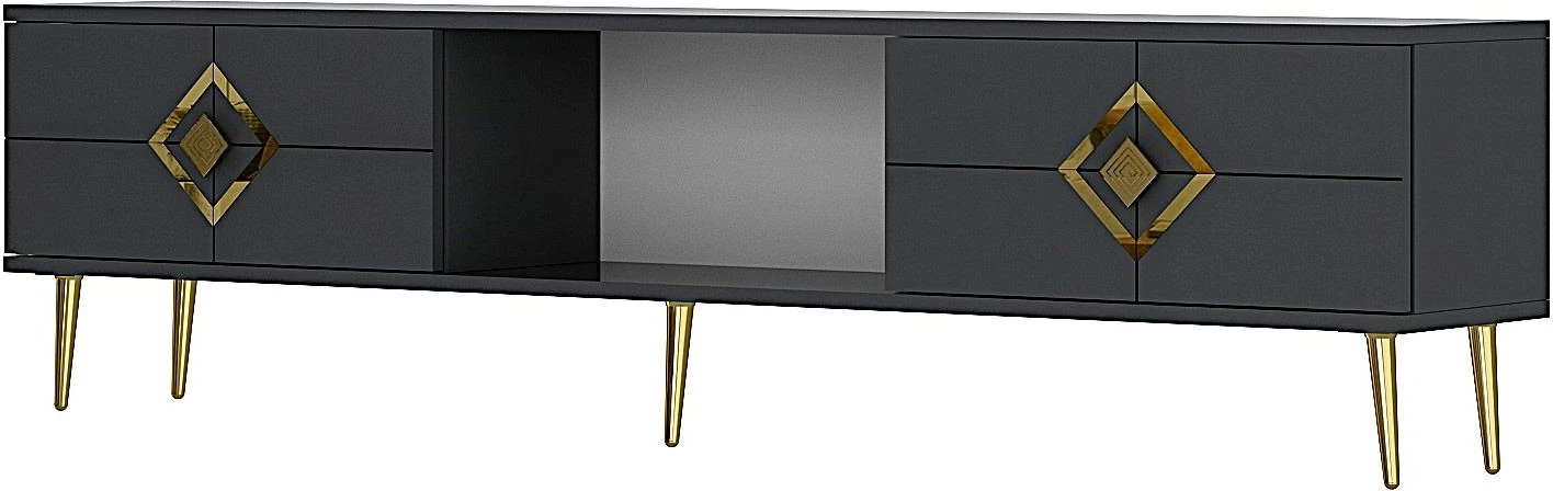 Komodë TV Skye Decor, ngjyrë antracit, detaje ari