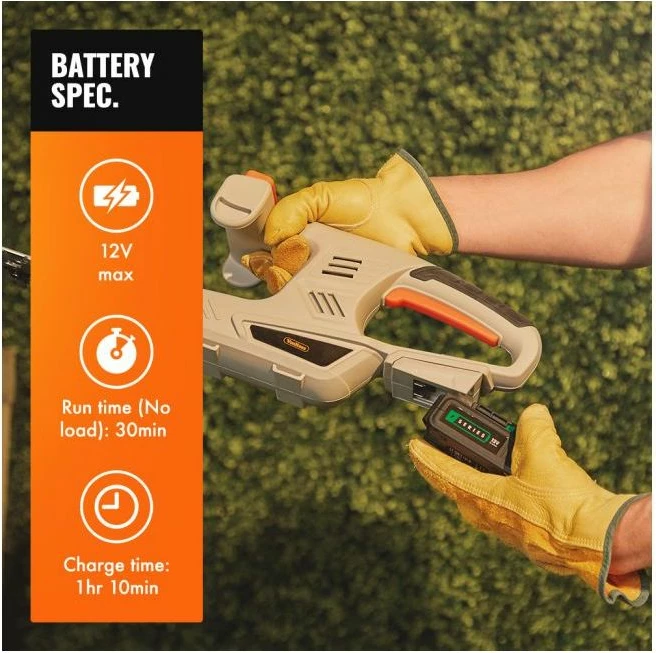 Prerëse shkurresh pa kabllo VonHaus F-Series 12V MAX 2.0Ah, teh 45 cm, prerje 14 mm, me bateri dhe karikues, gri/portokalli