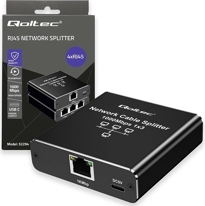 Switch i vogël Qoltec 52294, 3 porta RJ45, 1Gb/s, alumini, USB-C