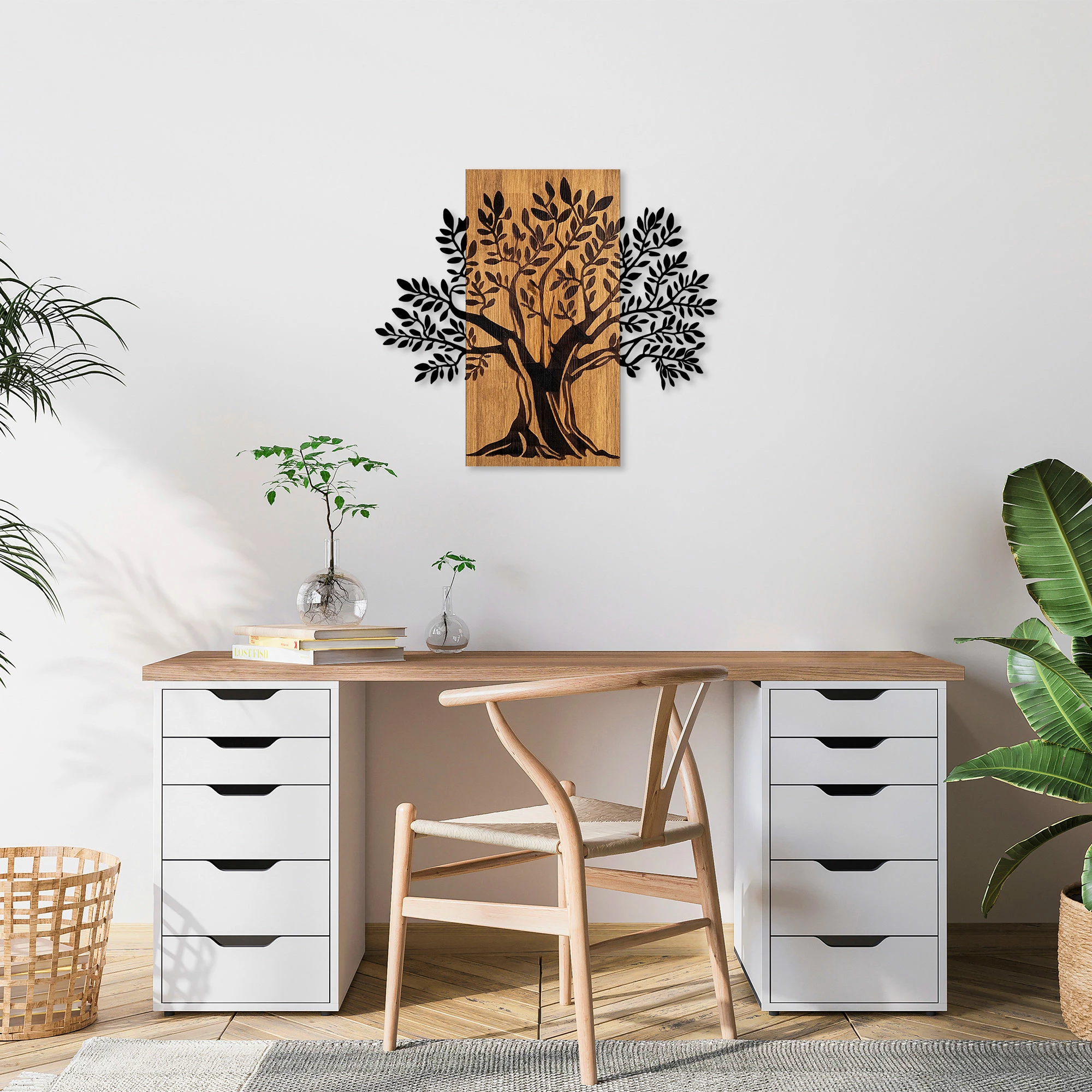 Aksesor dekorativ për mur, dru dhe metal, pemë monumentale, Wallity