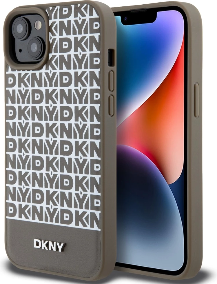 Mbështjellës DKNY Leather Printed Pattern Metal Logo MagSafe për iPhone 15/14/13, Kafe