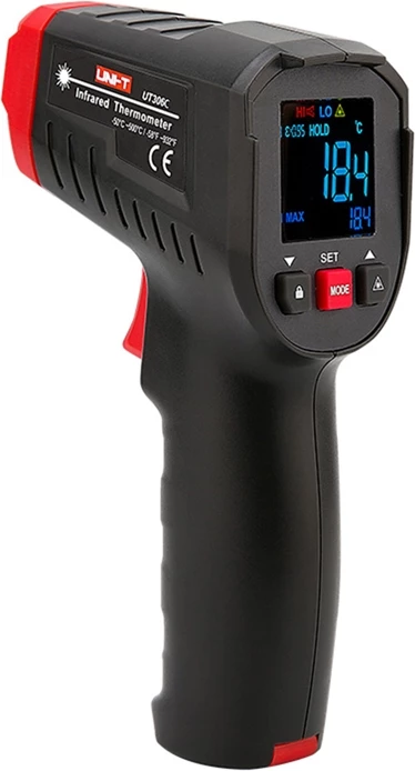 Termometër infrakuq, UNI-T, UT306C, gamë -50°C–500°C, raport 12:1, ekran EBTN, alarm Hi/Lo, emetueshmëri e rregullueshme, e kuqe/gri