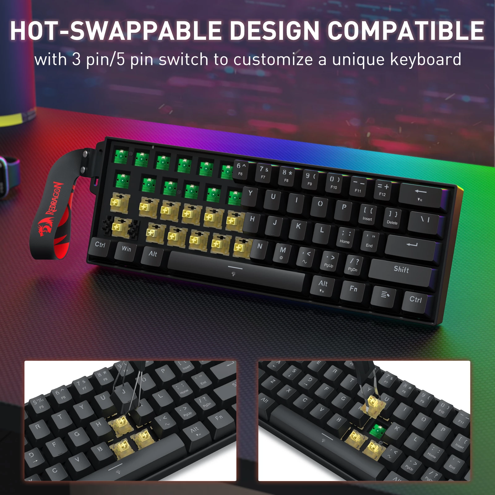 Tastierë gaming me kabllo Redragon Fizz Magnetic Plus K617RGB-MP, Hall Effect, 60% (61 taste), 8000Hz, RGB, USB-C e heqshme, e zezë