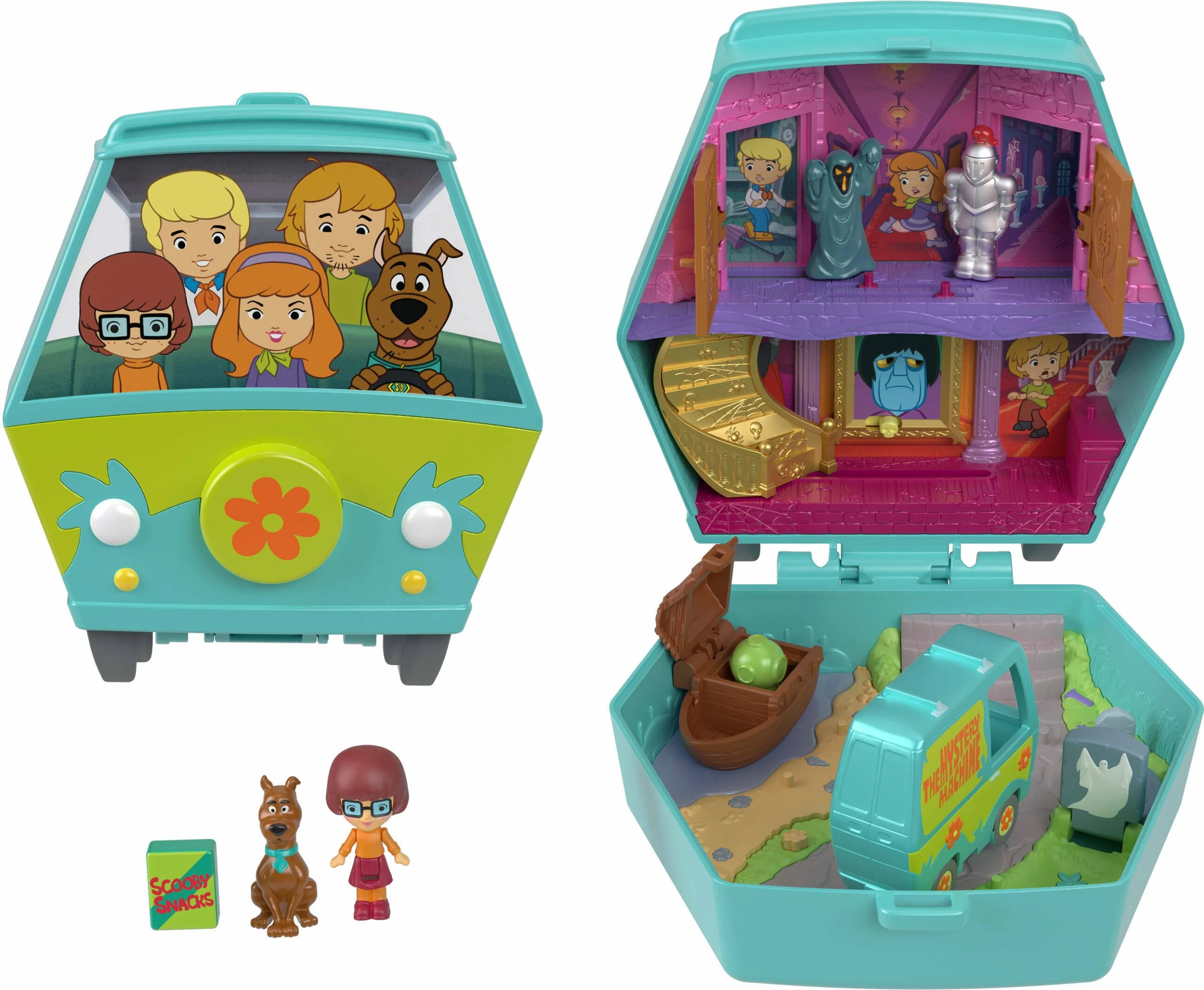 Set lodrash Mattel Polly Pocket x Scooby-Doo Compact Mystery Vehicle JKC85, me mini figura Scooby-Doo dhe Velma, me pjesë të lëvizshme, tirkiz