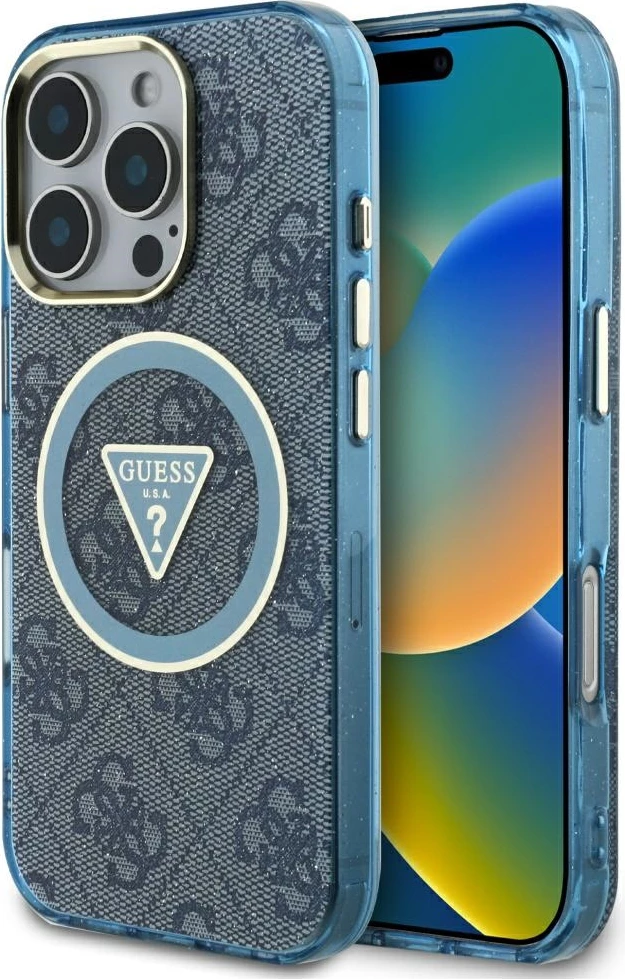 Mbështjellës Guess IML Metal Glitter 4G Circle Triangle MagSafe për iPhone 16 Pro Max, Blu