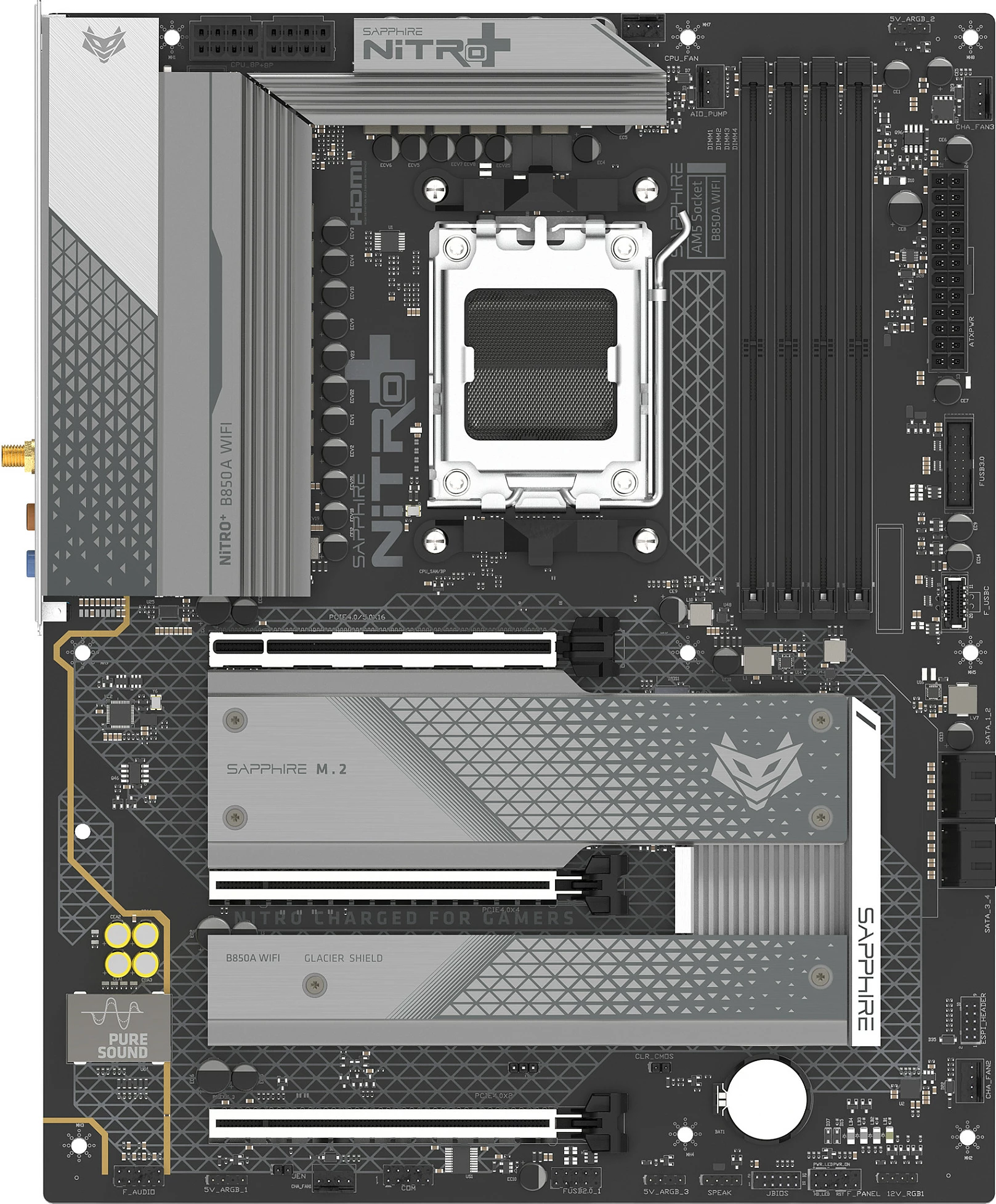 Pllakë amë Sapphire NITRO+ B850A, Socket AM5, DDR5 deri 256GB, Wi‑Fi 7, 2.5GbE, ATX, e zezë/gri