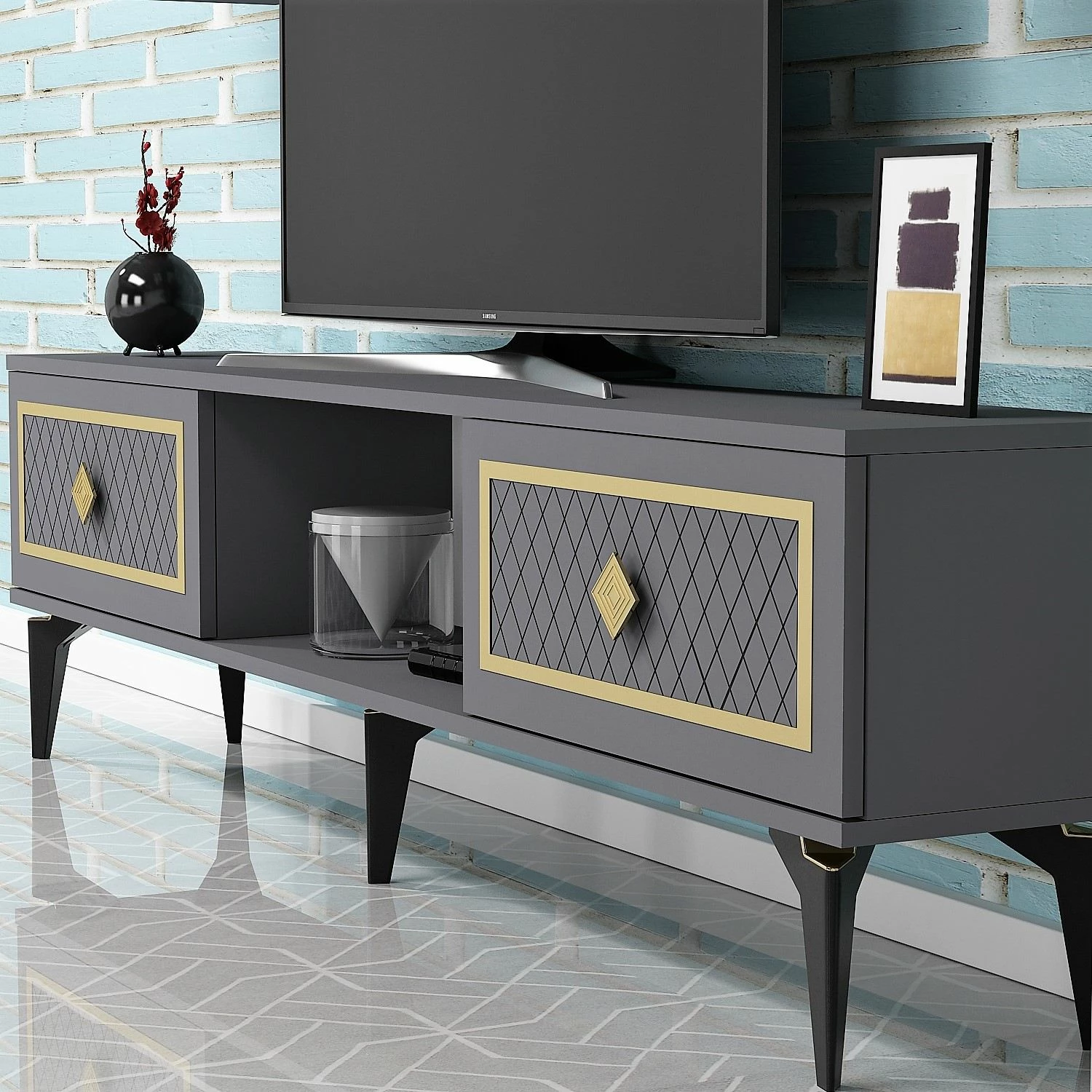 Komodë TV Skye Decor, ngjyrë antracit, detaje ari
