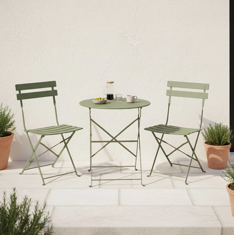 Tavolinë me karrige për terasë, metalike, palosëse, ngjyrë ulliri, set 3 copë, Φ60x71cm