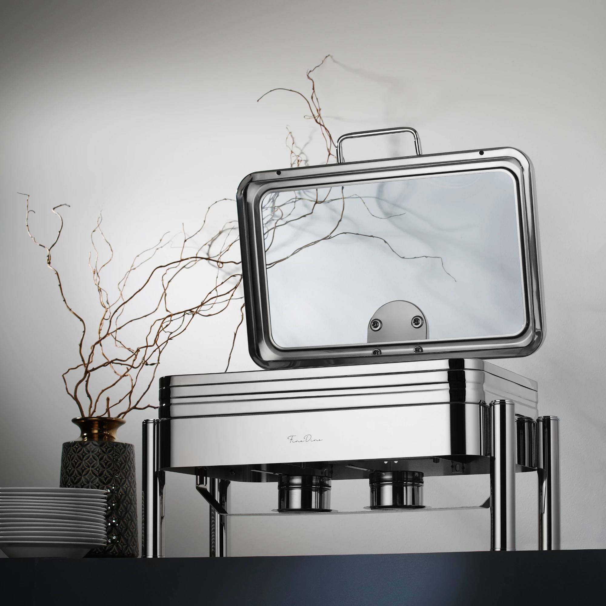 Chafing dish Fine Dine De Luxe GN 2/3 inox kapak xhami, argjendtë