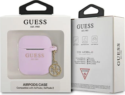 Mbështjellës Guess për AirPods 1/2, silikon, Charm 4G, vjollcë