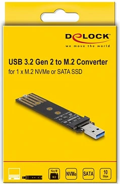 Adapter DeLOCK RTL9210B për SSD M.2 NVMe/SATA, USB 3.2 Gen 2 Type-A, 10 Gbit/s, i zi