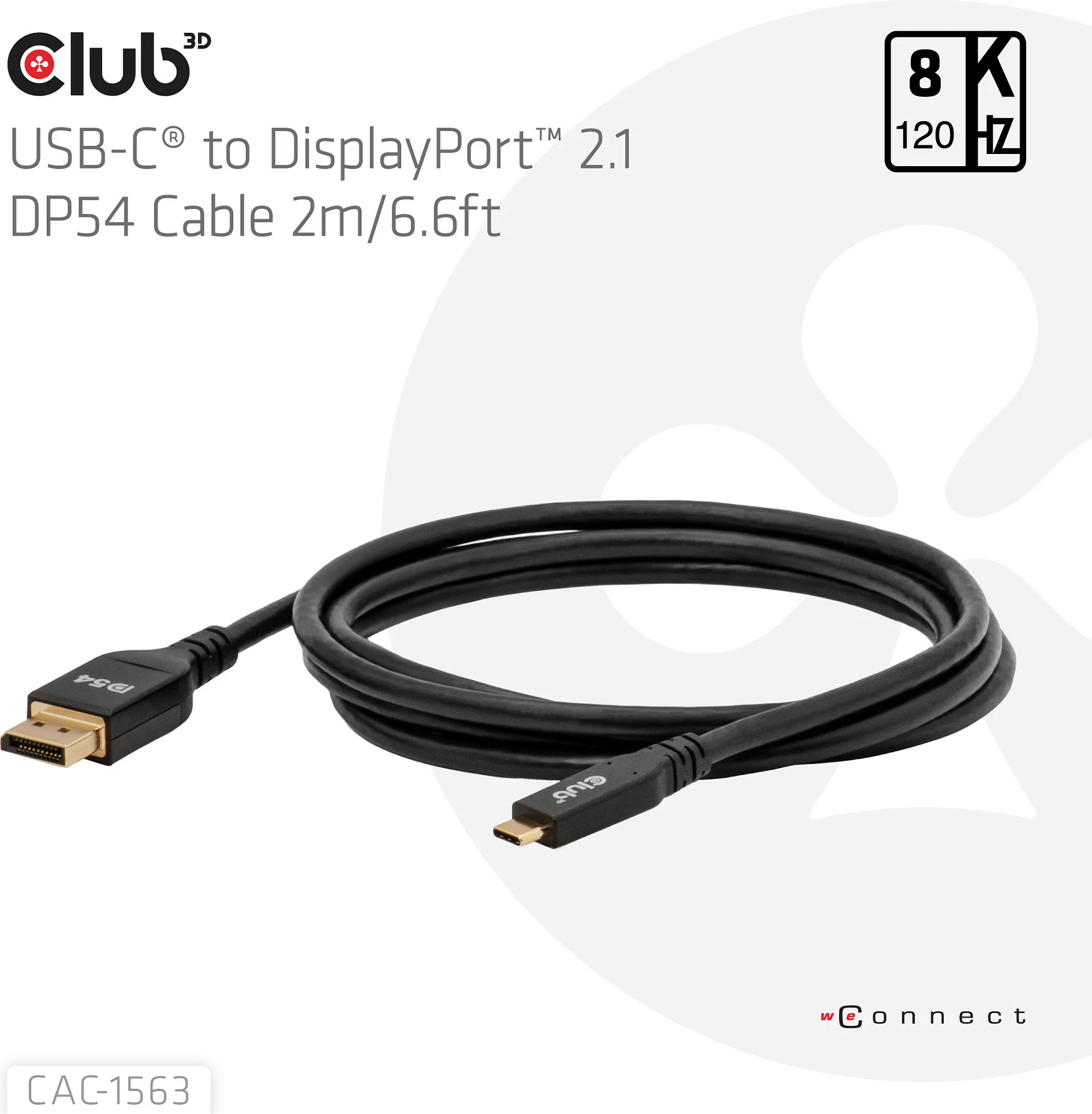 Kabllo Club 3D CAC-1563 USB-C në DisplayPort 2.1, 2 m, 8K, DP54, e zezë