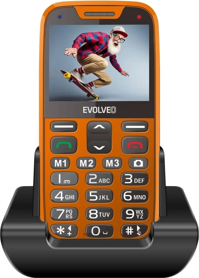 Telefon me butona Evolveo Easyphone XR, ekran me ngjyra, taste të mëdha, buton SOS, Bluetooth, radio FM, kamerë, Type-C, me bazë karikimi, portokalli
