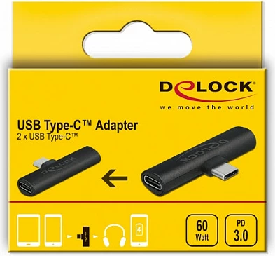 Adapter USB-C DeLOCK, 1x USB-C në 2x USB-C me PD 60W, i zi