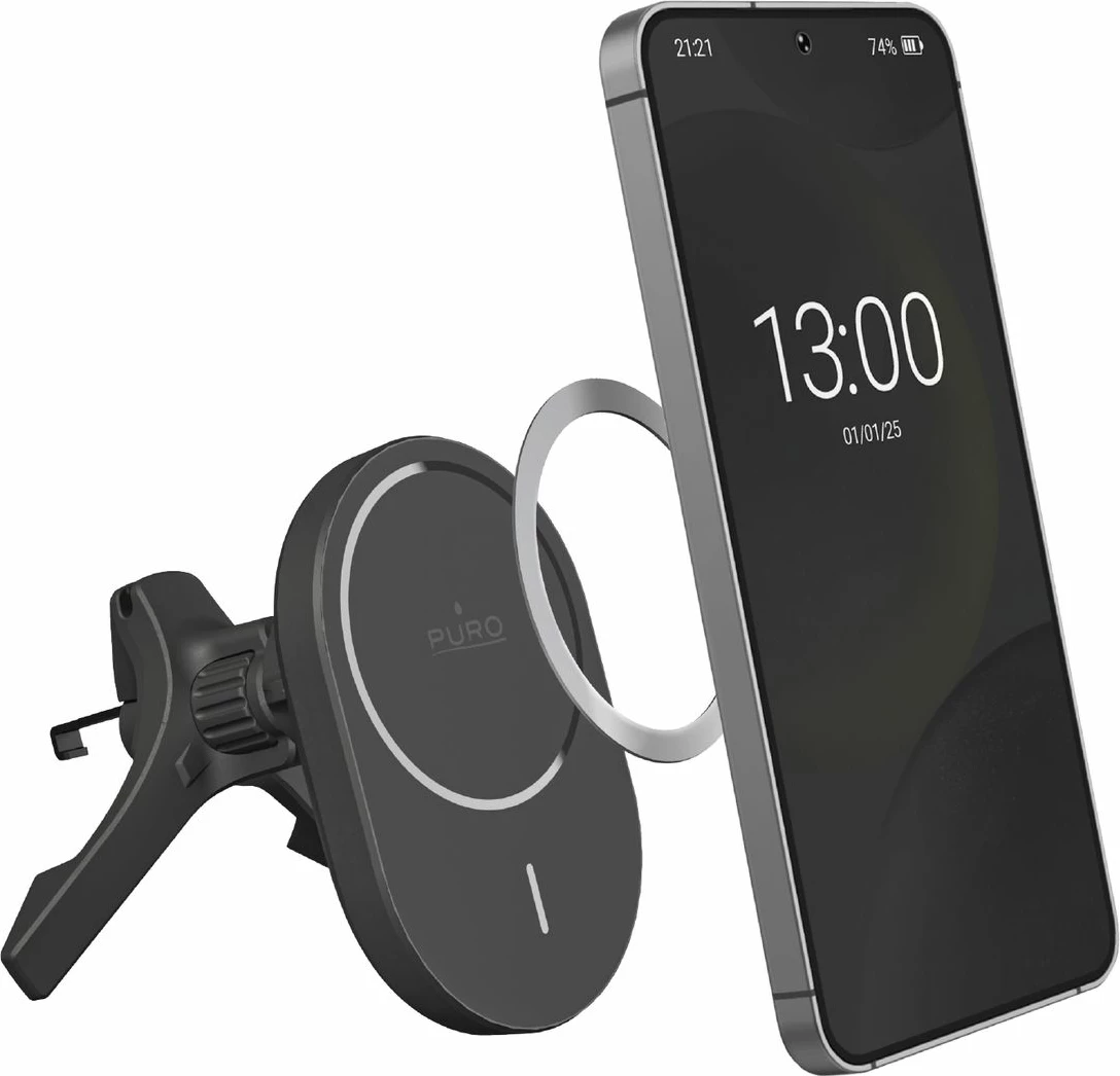 Mbajtës magnetik për celular me karikues wireless Puro PUSH2QIMAGBLK, 15W, MagSafe, i zi