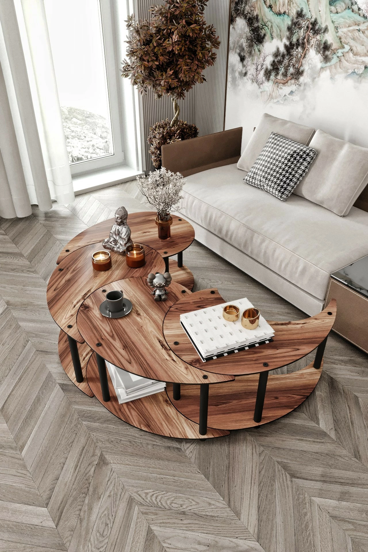 Set tavoline kafeje, Skye Decor, Yin Yang 4 copë, ngjyrë arre, 70cm