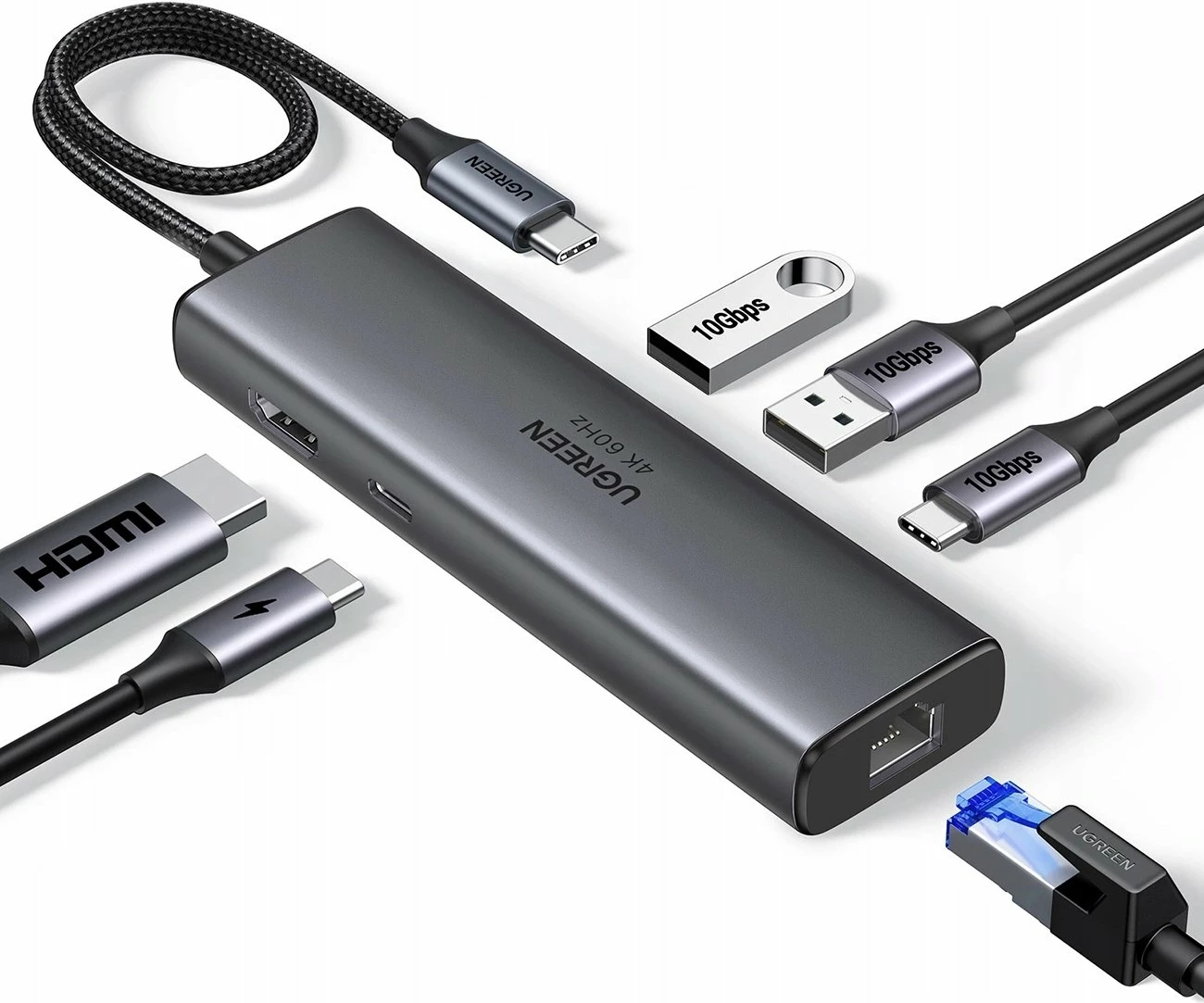 Docking station USB-C, Ugreen CM512, 6-në-1, HDMI 4K@60Hz, 2x USB-A 3.0, 2x USB-C, Gigabit Ethernet, PD 100W, gri