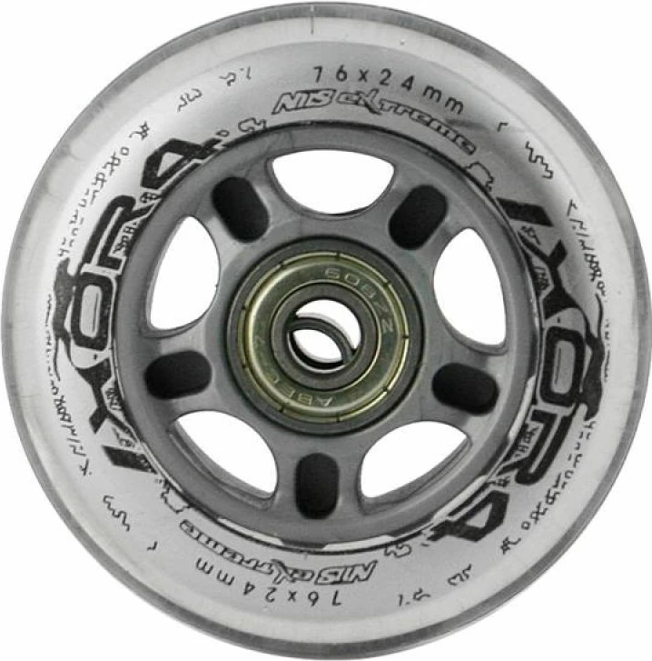 Set rrota PU për rollera Nils Extreme 76x24 82A transparent + ABEC-7 (4 rrota, 8 kushineta)