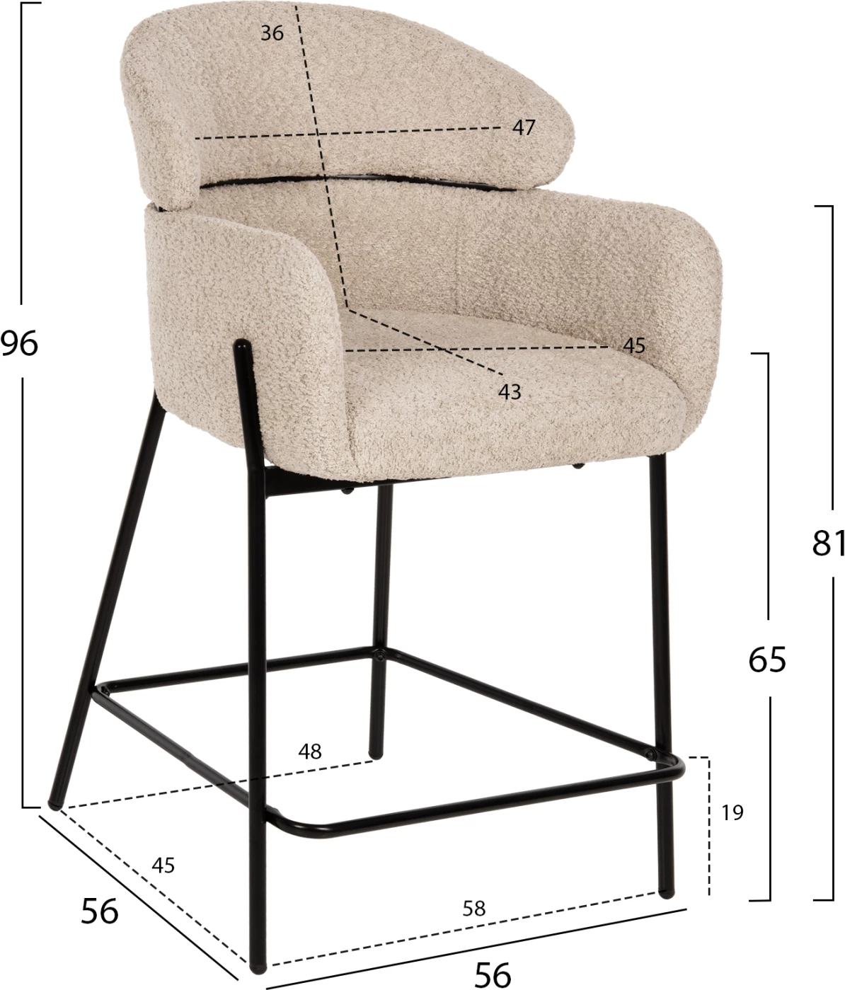 Karrige për bar mesatare WOLF FH8584.02, pëlhurë boucle ecru-këmbë metalike të zeza, 56x56x96Hcm., set prej 2 copë