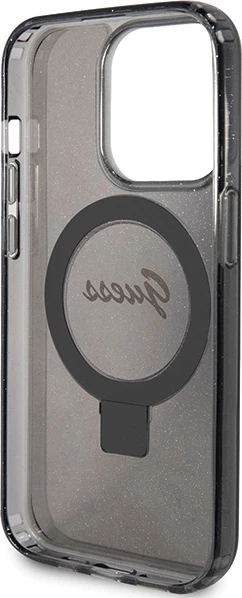 Mbështjellës Guess Ring Stand Script Glitter MagSafe për iPhone 15 Pro, i zi