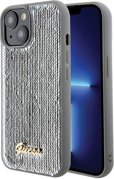 Mbështjellës Guess Sequin Script Metal për iPhone 15, argjend