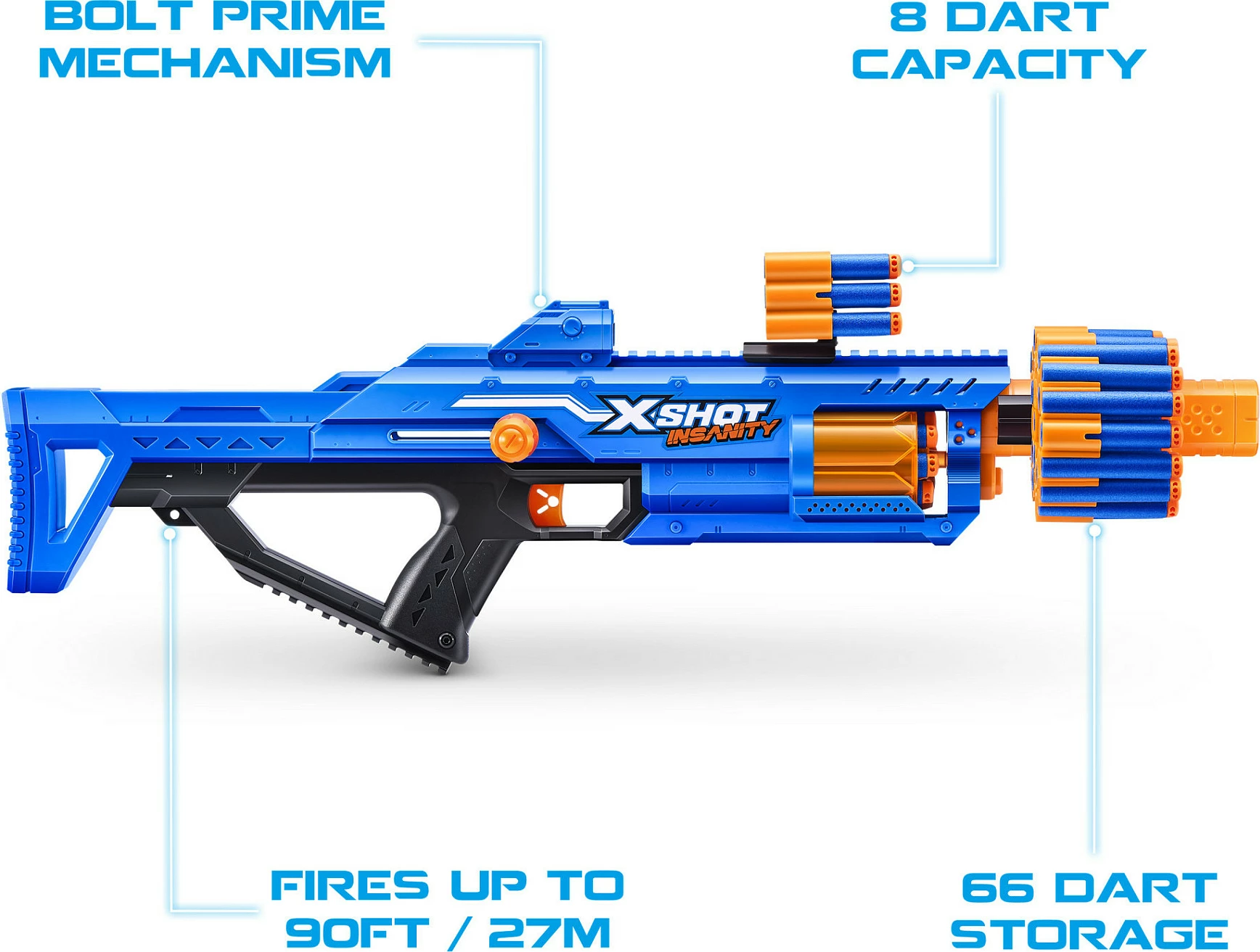 Blaster lodër ZURU XSHOT Insanity Berzerko, 48 shigjeta, blu/portokalli