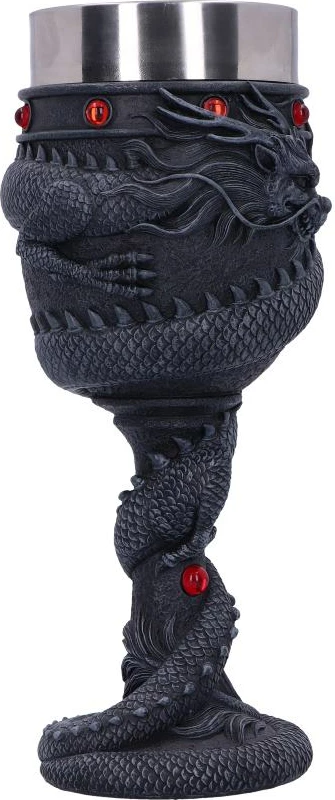 Kalic dekorativ Nemesis Now Dragon Coil 20 cm, resin me insert inox, i zi me detaje të kuqe