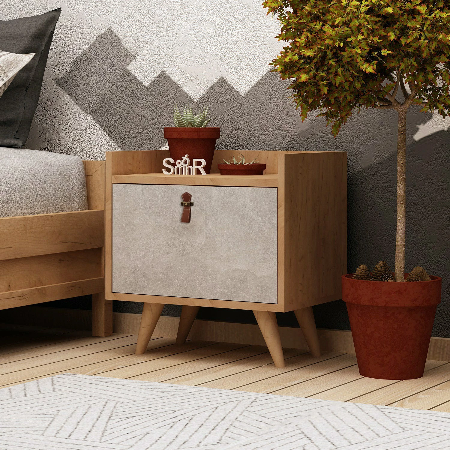 Komodinë natës Hanah Home, Paju, ngjyrë lis dhe e bardhë