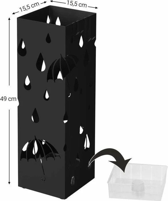 Mbajtëse çadrash metalike SONGMICS LUC49B 15.5 x 15.5 x 49 cm me grepa dhe tabaka pikuese, e zezë (set 1 copë + tabaka + 4 grepa)