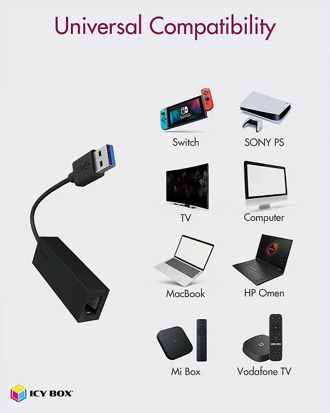Adapter rrjeti ICY BOX USB 3.2 Gen1 në Gigabit Ethernet, 1x RJ-45, i zi
