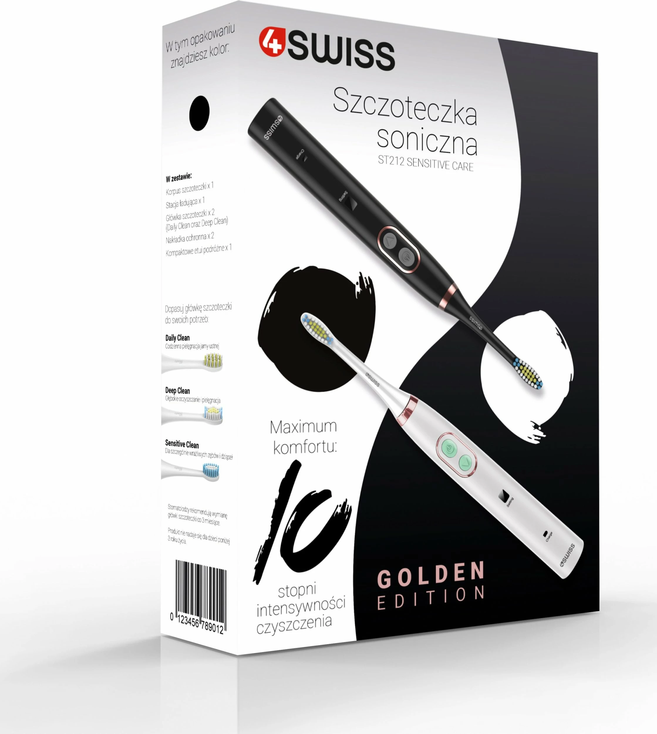 Furçë dhëmbësh elektrike sonike 4Swiss ST212 Sensitive Care Golden Edition, 2 koka + këllëf udhëtimi, e bardhë