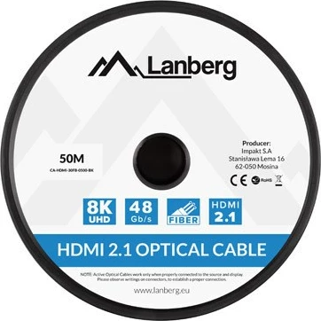Kabllo HDMI Lanberg, M/M V2.1, 50M, 8K Optike AOC, e Zezë