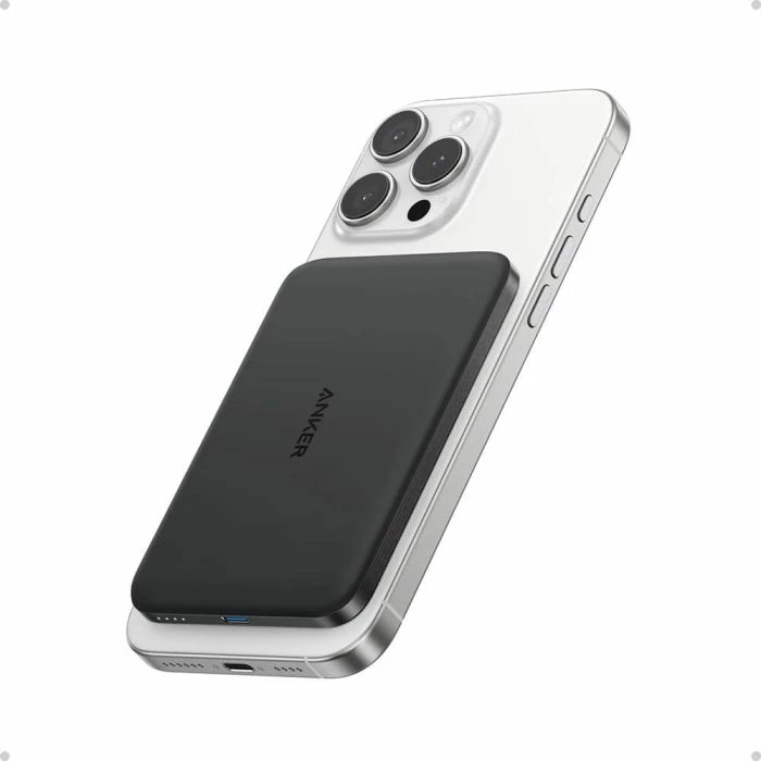 Power bank ANKER Nano A1665H11 5000 mAh ultra i hollë magnetik Qi2/MagSafe 15W pa kabllo, 20W USB-C, i zi