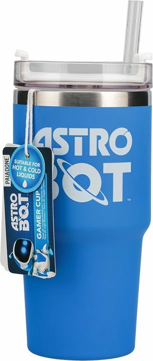 Mug udhëtimi Paladone Astro Bot Gamer, 600 ml, inox i izolum, kapak 3-në-1 me pipëz, blu