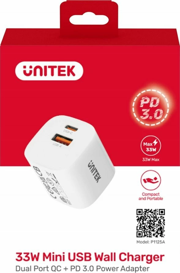 Karikues Unitek P1125AWH01-EU 33W, 1x USB-C + 1x USB-A, PD 3.0 / QC 3.0, GaN II, i bardhë