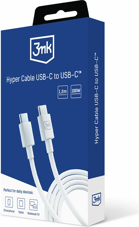 Kabllo USB-C në USB-C 3mk Hyper Cable, 1.2m, 100W, Bardhë