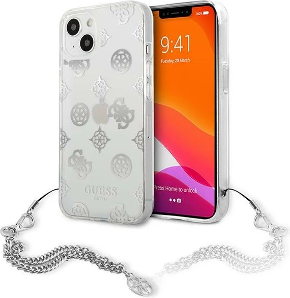 Mbështjellës Guess Peony Chain për iPhone 13 mini 5.4", argjendtë