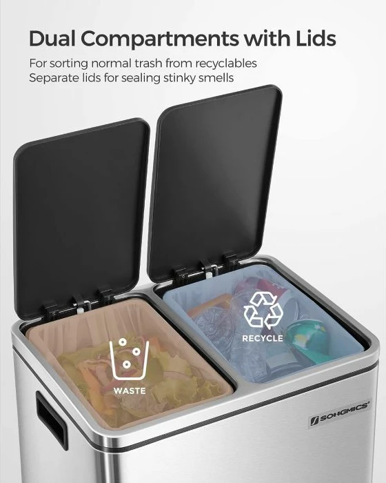 Kosh riciklimi SONGMICS LTB30H 2x15 L me pedal, soft-close, çelik, argjend/zi, 1 copë