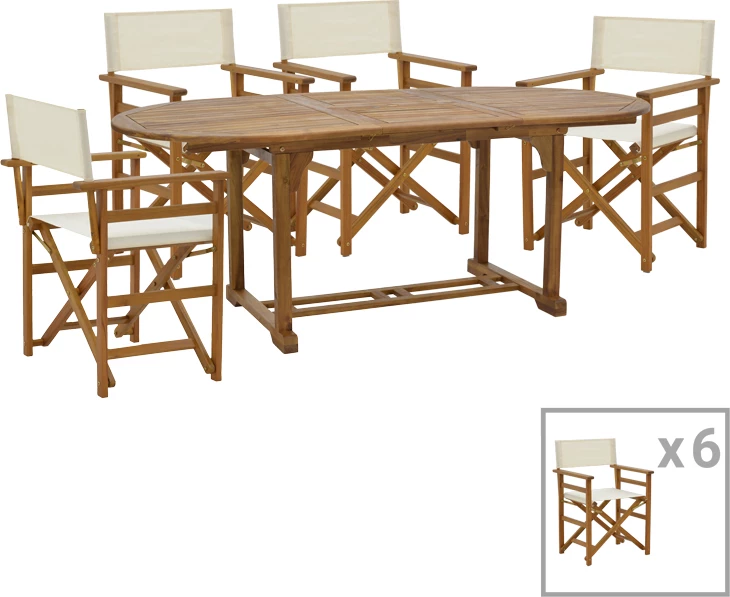 Tavolinë me karrige Bistrual-Sopho set prej 7 copash, dru akacie natyral, 200/150x100x75cm