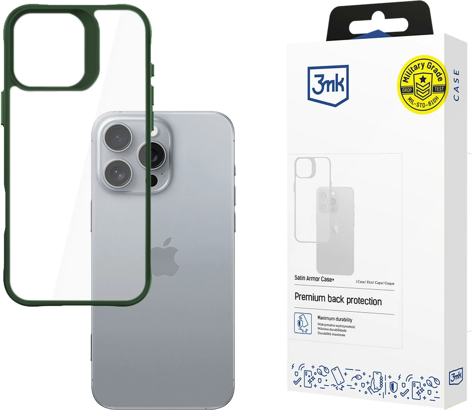 Mbështjellës 3mk Satin Armor Case+ për iPhone 16 Pro Max, Transparent, Kornizë e gjelbër