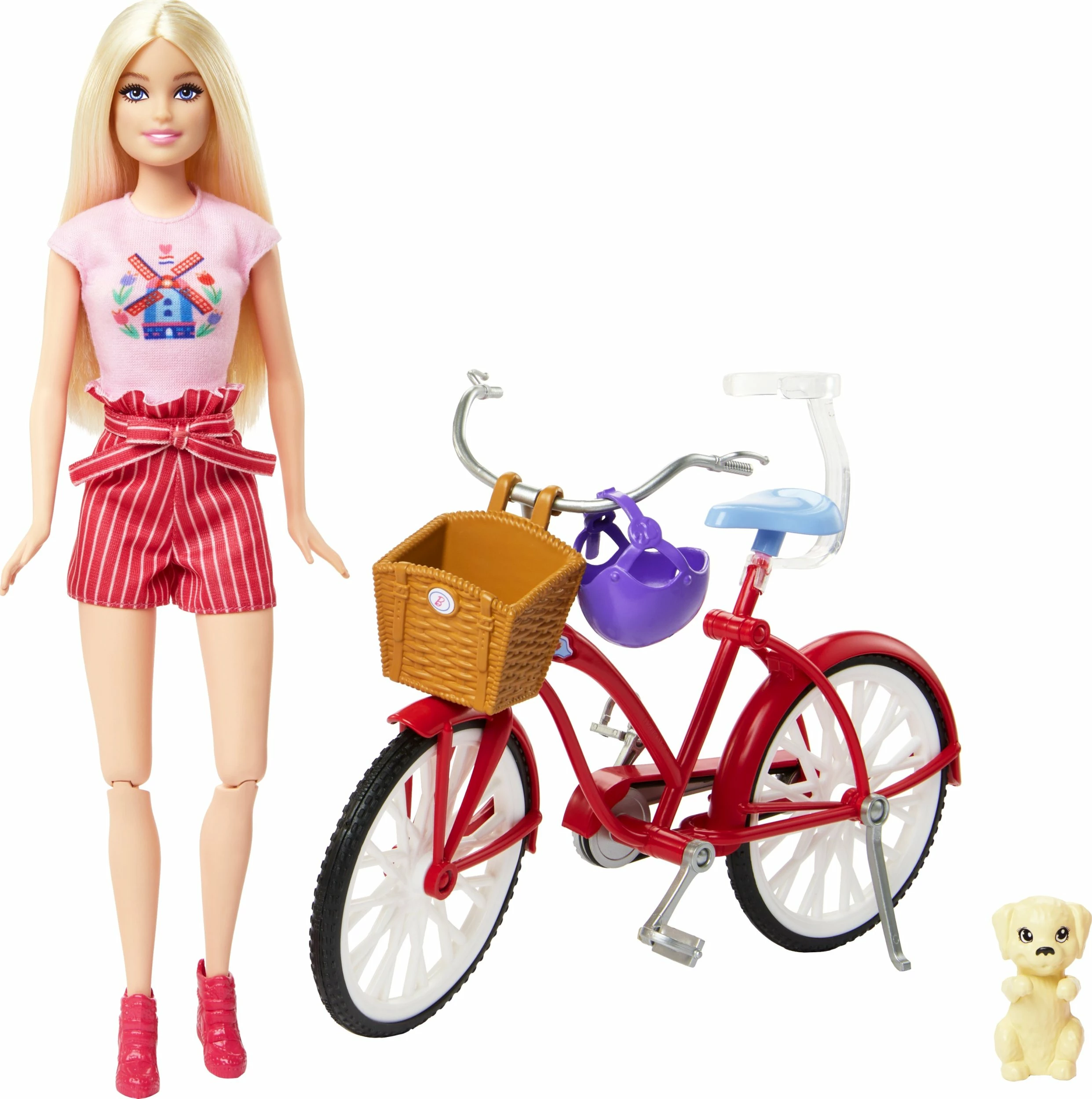 Kukull Barbie Mattel Pink Passport HWJ00 me biçikletë dhe këlysh, set