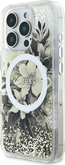 Mbështjellës Guess Liquid Glitter Flower MagSafe për iPhone 16 Pro, Bezhe