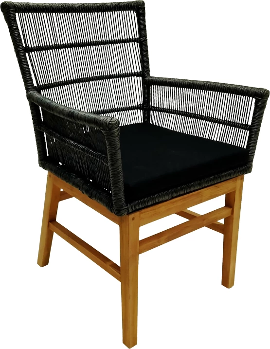 Karrige Inca dru teak dhe litar sintetik, ngjyrë natyrale-e zezë, me jastëk, 60x61x90cm